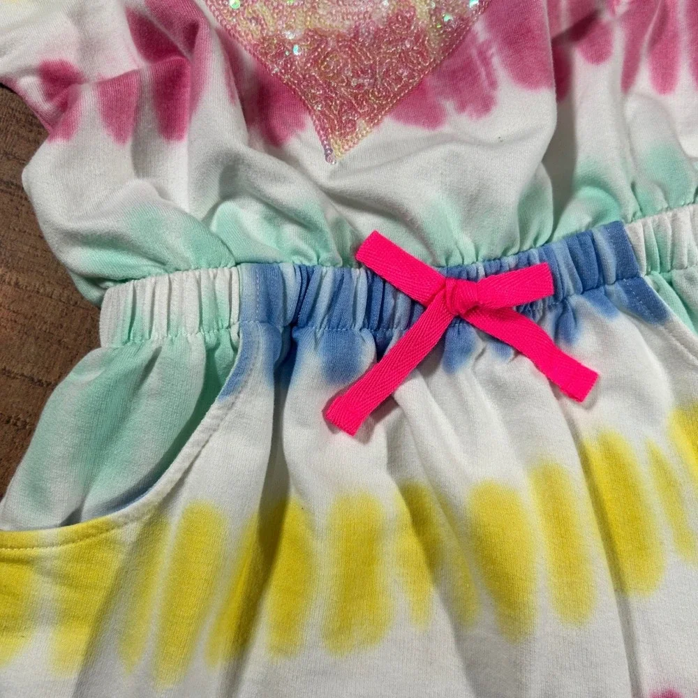 Hatley Girls Tie Dye Dress Rainbow Sequin Heart Elastic Waist Summer Pink Size 6